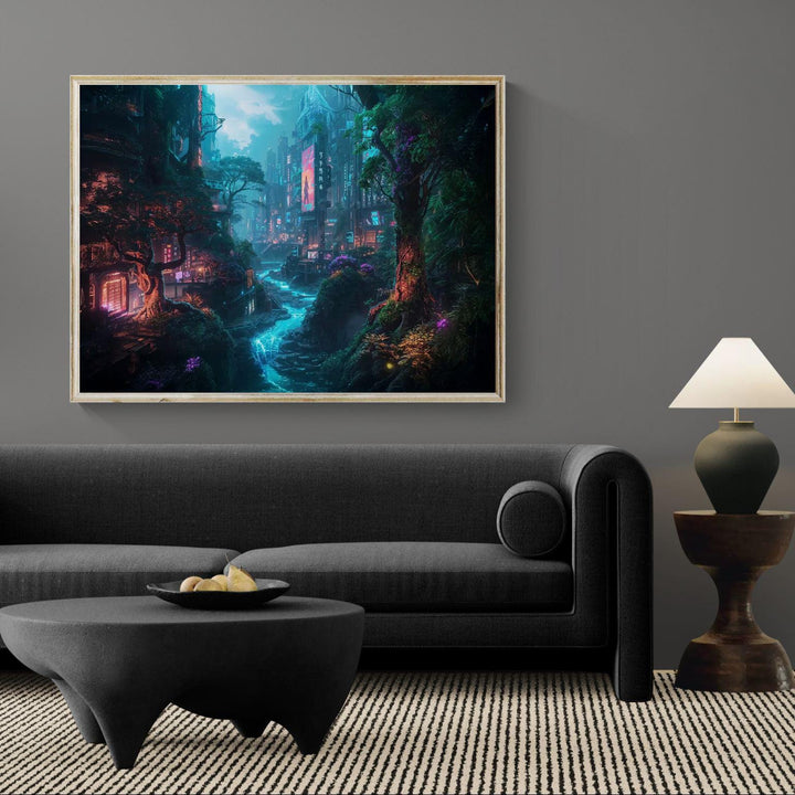 A futuristic cyberpunk city filled with neon lights blends with overgrown forest and a glowing electric-blue river winding through the scene.