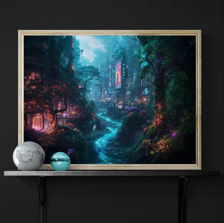 A vibrant cyberpunk cityscape where tall futuristic buildings with neon signs blend seamlessly into lush overgrown jungle foliage. A glowing blue river runs through the center, surrounded by bioluminescent plants, mist, and warm neon light, creating a cinematic sci-fi fantasy atmosphere.