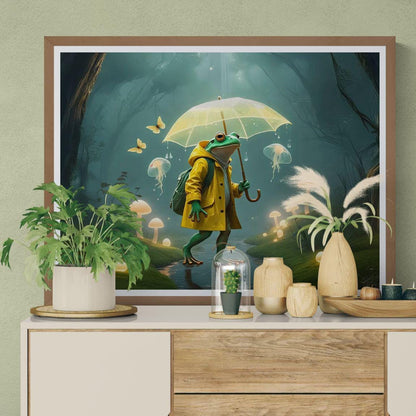 A magical woodland scene featuring a frog in a bright yellow raincoat holding a transparent umbrella, surrounded by glowing mushrooms, floating jellyfish lights, misty trees, and soft green forest ambience.