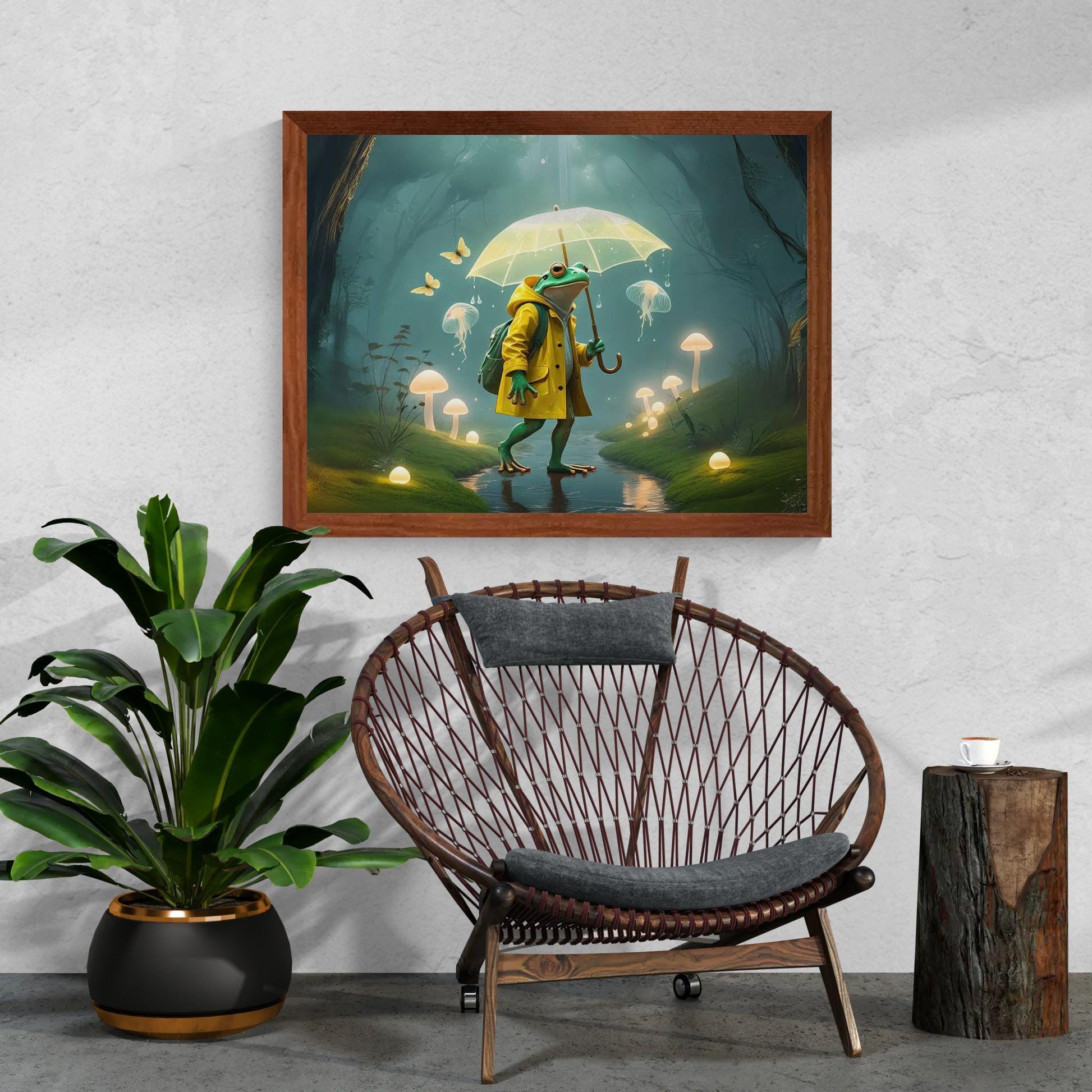 Whimsical artwork of a frog wearing a yellow raincoat and carrying an umbrella while walking through a glowing mushroom forest.