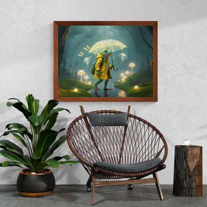 Whimsical artwork of a frog wearing a yellow raincoat and carrying an umbrella while walking through a glowing mushroom forest.