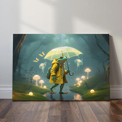 A magical woodland scene featuring a frog in a bright yellow raincoat holding a transparent umbrella, surrounded by glowing mushrooms, floating jellyfish lights, misty trees, and soft green forest ambience.