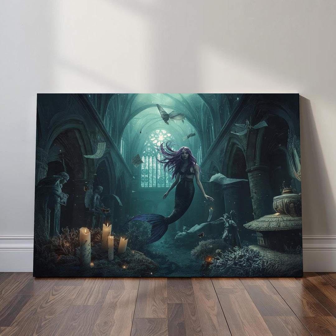 A haunting dark mermaid with flowing purple hair glides through a submerged gothic cathedral, surrounded by lit candles, ancient statues, coral-like growths, and floating pages, creating an eerie and magical fantasy scene.