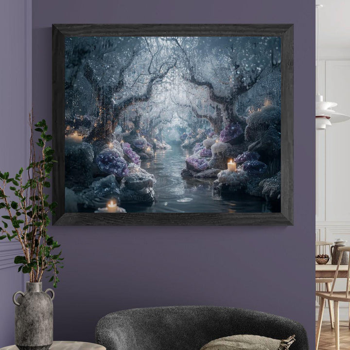 A dreamy enchanted forest filled with icy trees, purple crystals, and glowing candles surrounding a calm river.