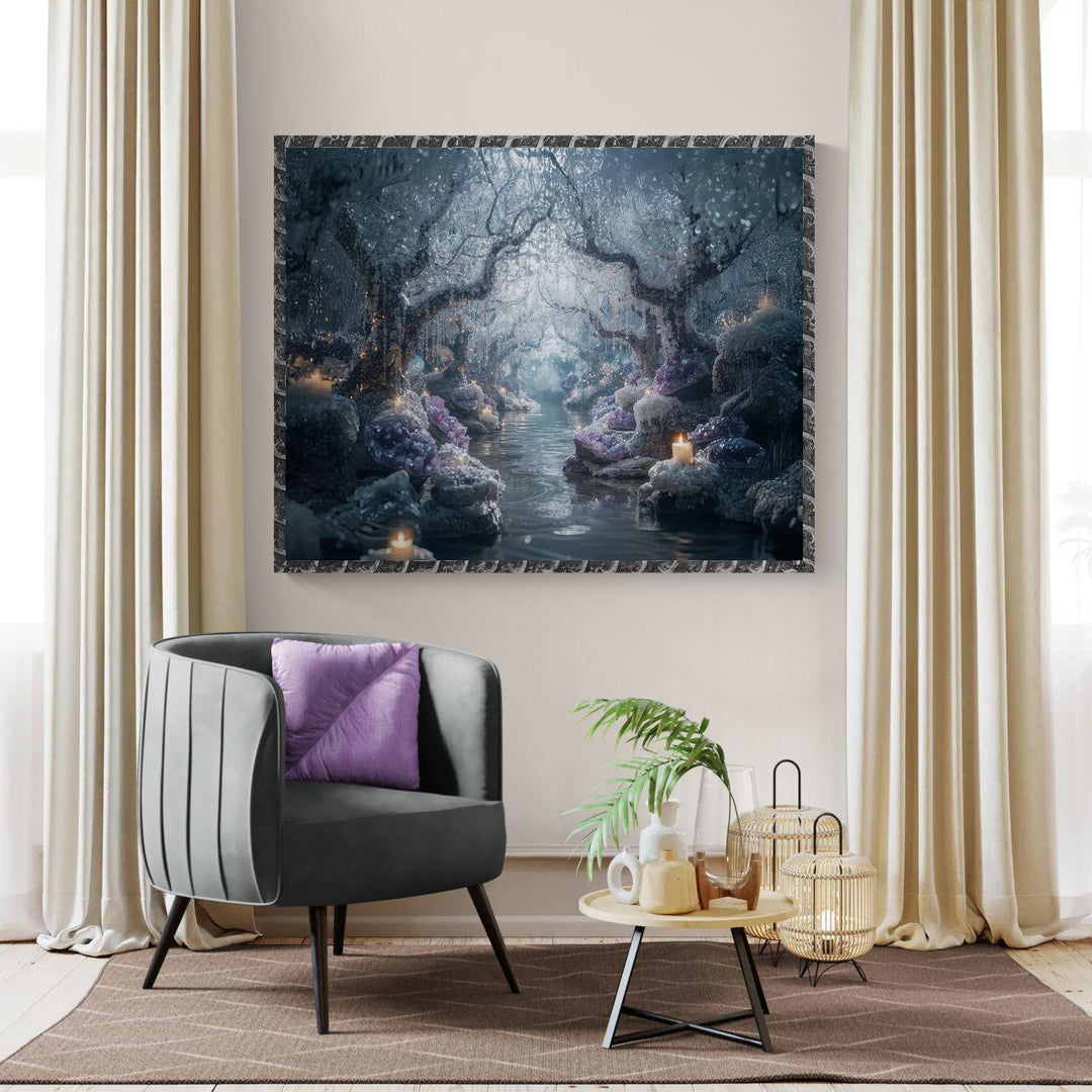 Enchanted forest with glowing crystals and candles by a river.