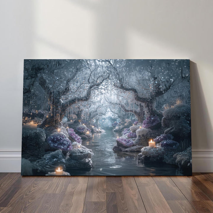 A magical enchanted forest scene featuring crystal clusters, softly glowing candles, icy white trees draped with shimmering droplets, and a serene river winding through the center, creating a peaceful and mystical atmosphere.