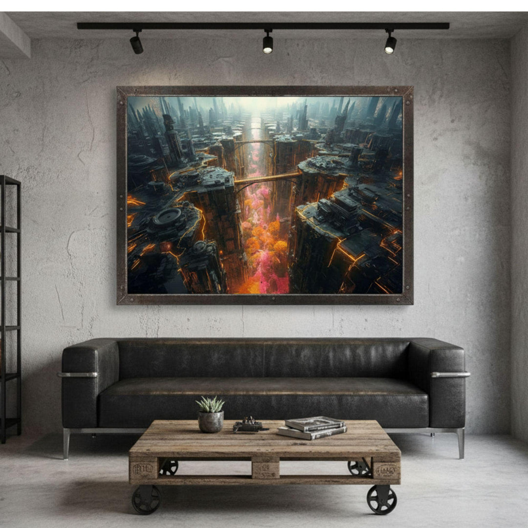 A futuristic cyberpunk cityscape featuring towering neon buildings above a glowing canyon of pink and orange forests.