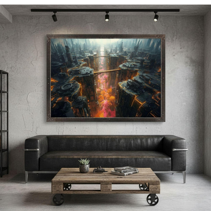 A futuristic cyberpunk cityscape featuring towering neon buildings above a glowing canyon of pink and orange forests.