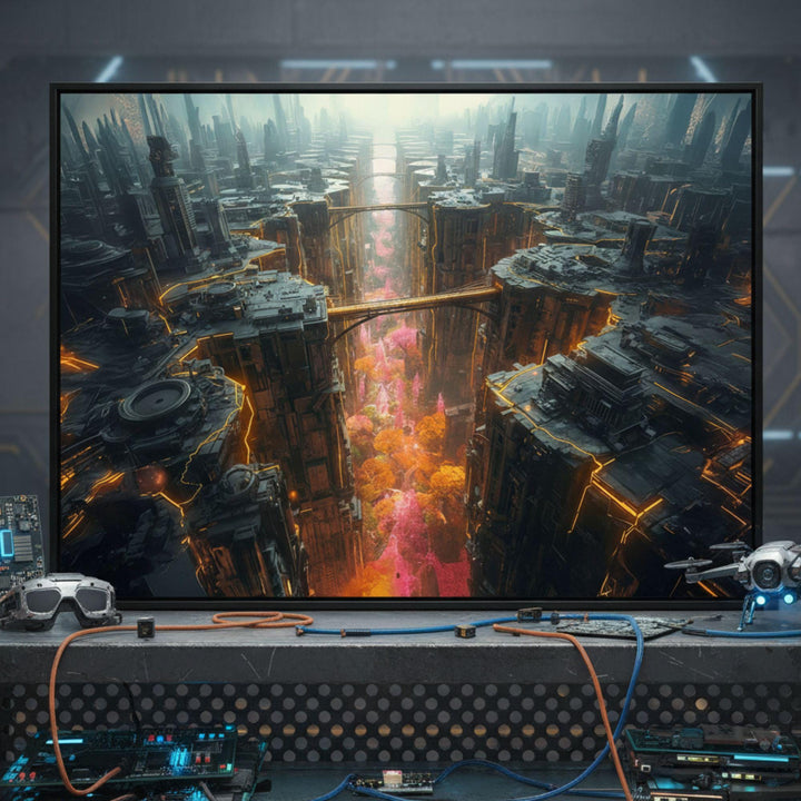 Cyberpunk cityscape wall art with neon-lit canyon and glowing pink forest.