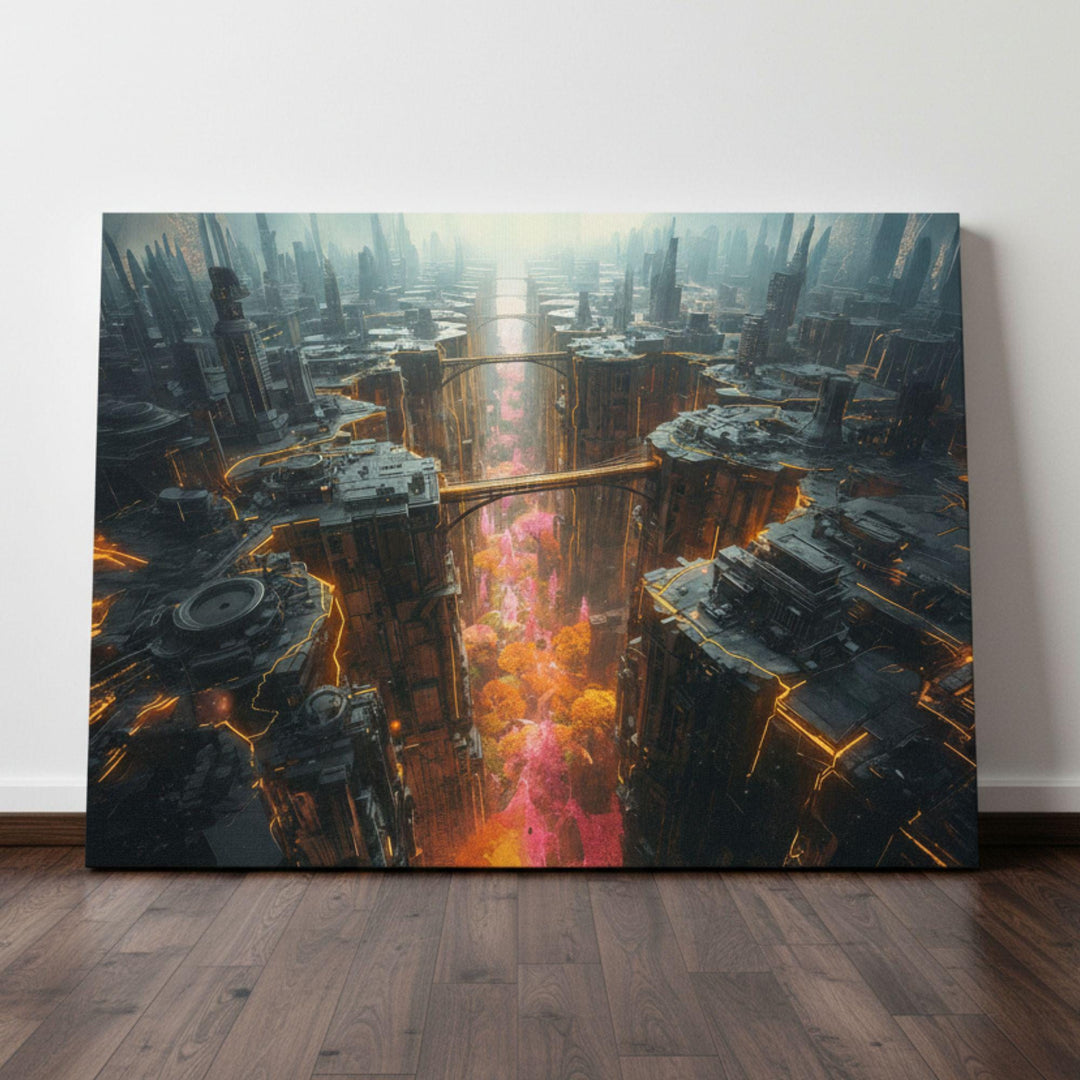 A wide cinematic cyberpunk cityscape showing massive metallic megastructures glowing with orange neon lights, with skybridges stretching across a deep canyon filled with vibrant pink forest foliage. Mist and depth create a futuristic, surreal atmosphere.