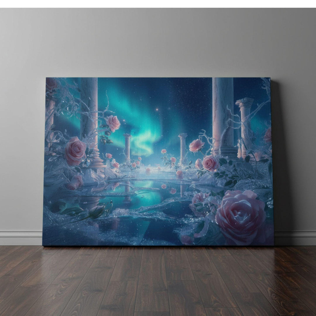 An enchanting dreamlike scene with marble columns, delicate pink roses, crystalline vines, and reflective water, all beneath a luminous teal aurora in a starry night sky. The environment resembles a celestial garden or goddess temple with soft, surreal lighting and magical ambiance.