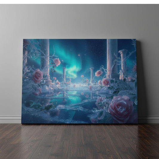 An enchanting dreamlike scene with marble columns, delicate pink roses, crystalline vines, and reflective water, all beneath a luminous teal aurora in a starry night sky. The environment resembles a celestial garden or goddess temple with soft, surreal lighting and magical ambiance.