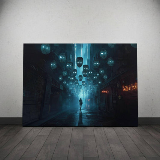 A dystopian cyberpunk alley at night, lined with dark buildings and neon signage, with dozens of glowing blue masks floating overhead. A lone silhouette walks down the wet reflective street toward a bright futuristic light at the end of the alley, creating a moody cinematic sci-fi atmosphere.