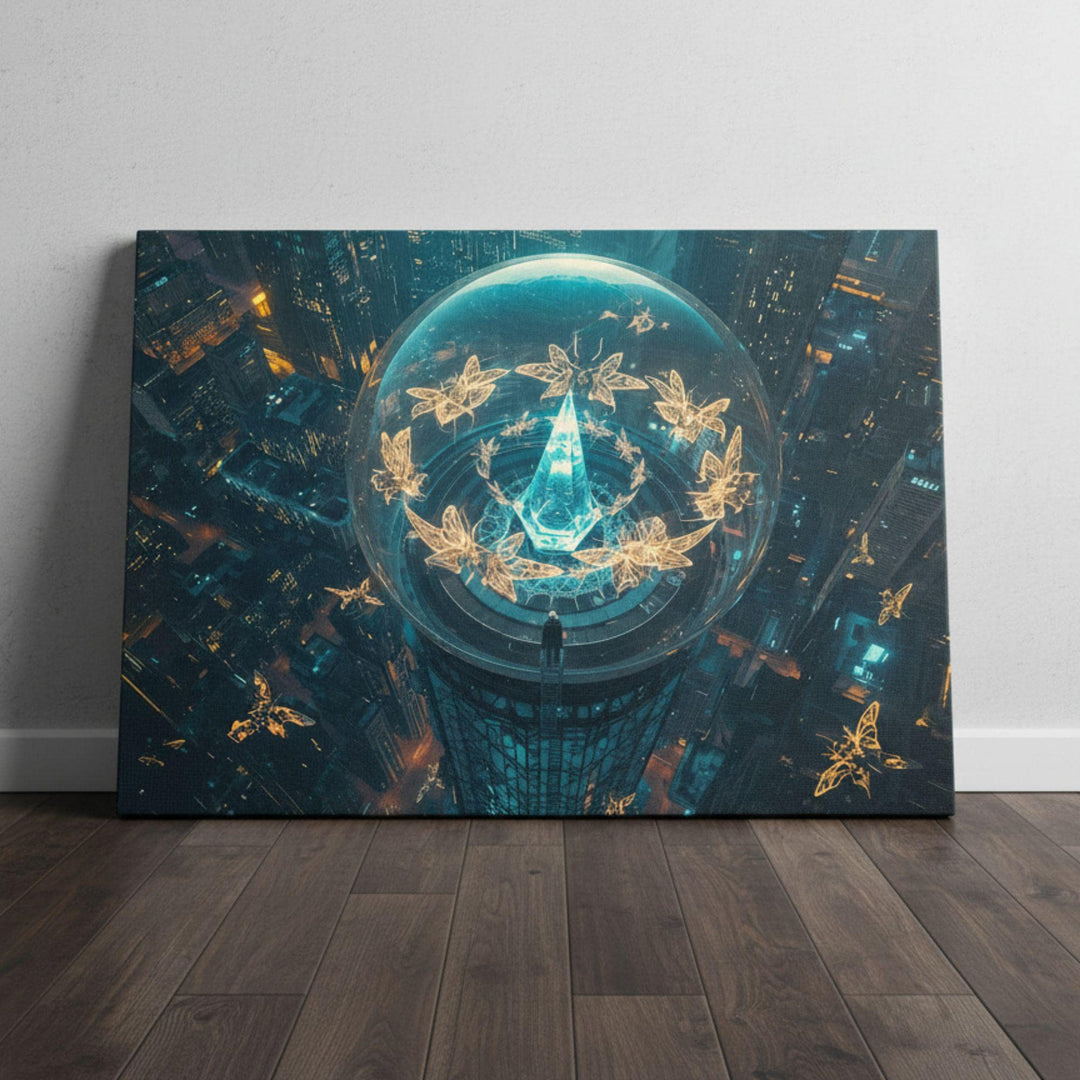 “Surreal futuristic artwork showing luminous golden butterflies circling a glowing crystal tower beneath a transparent dome, overlooking a neon-lit cyberpunk metropolis.”