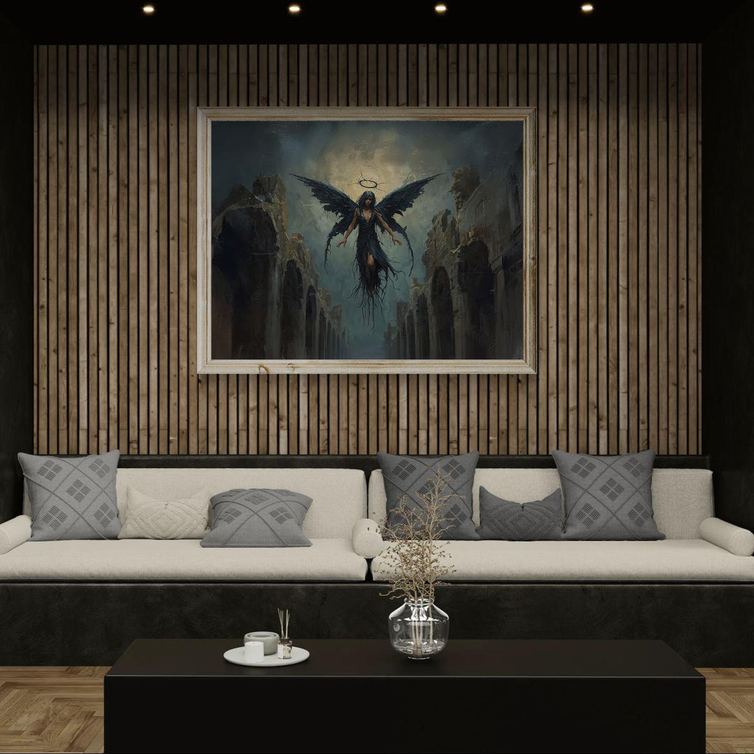 Dark fantasy artwork of a fallen angel with black wings hovering above ancient stone ruins.