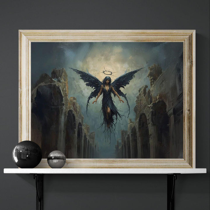 Dark fantasy wall art featuring a fallen angel with tattered black wings floating in a glowing sky above ruined stone arches, surrounded by dramatic shadows and atmospheric lighting.