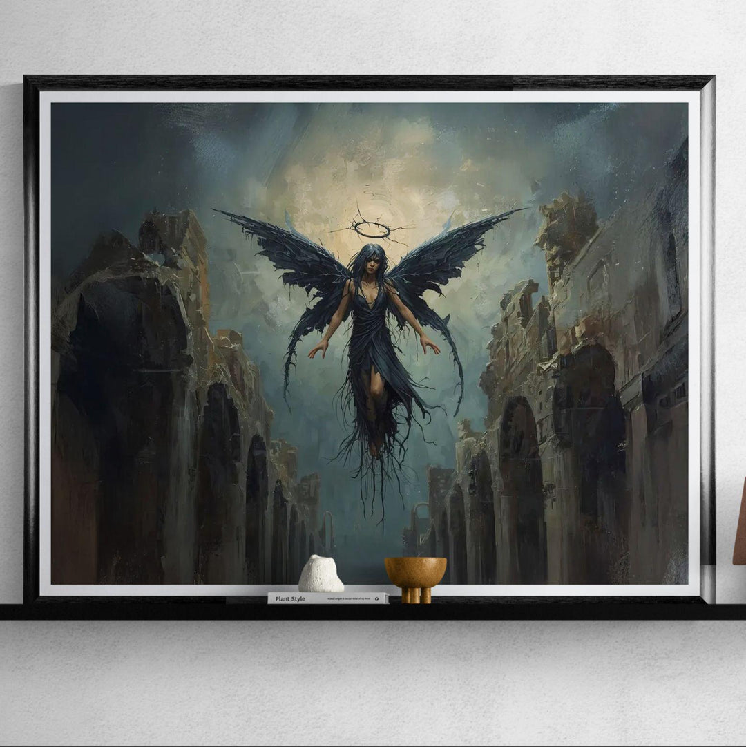 Dark fantasy artwork of a fallen angel with black wings hovering above ancient stone ruins.
