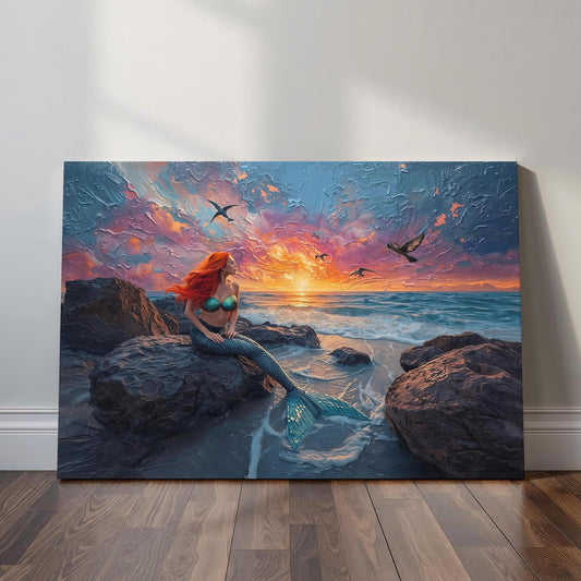 Fantasy artwork of a red-haired mermaid seated on seaside rocks as the sun sets behind colorful clouds, with waves, birds, and painterly textures creating a magical ocean scene.