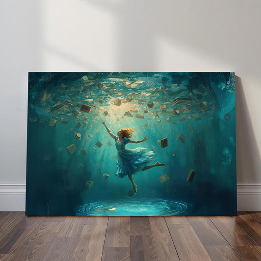Surreal Alice in Wonderland–inspired artwork of a girl drifting underwater through glowing blue light with floating books and objects swirling around her, creating a magical fantasy atmosphere.