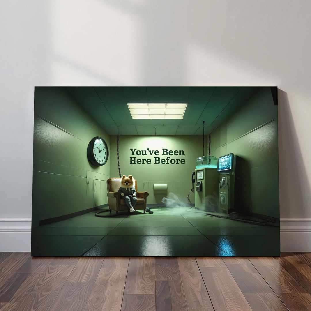 Weirdcore artwork of a small dog in a business suit sitting in an eerie liminal room with fog, fluorescent lighting, retro machinery, a wall clock, and bold text reading “You’ve Been Here Before,” creating a dreamlike uncanny atmosphere.