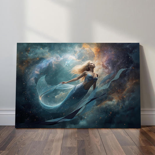 A radiant mermaid with flowing blonde hair and a shimmering blue tail drifts through a cosmic ocean filled with swirling nebula clouds and tiny stars. The atmosphere is dreamy and ethereal, blending fantasy mermaid imagery with celestial, outer-space colors and soft glowing light.