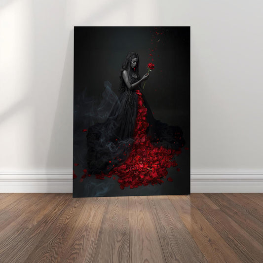 A gothic fantasy artwork depicting a woman in a dramatic black dress with long dark hair, holding a red rose as petals cascade around her. The scene is filled with moody lighting, smoky atmosphere, and a vivid trail of red rose petals flowing across the floor.