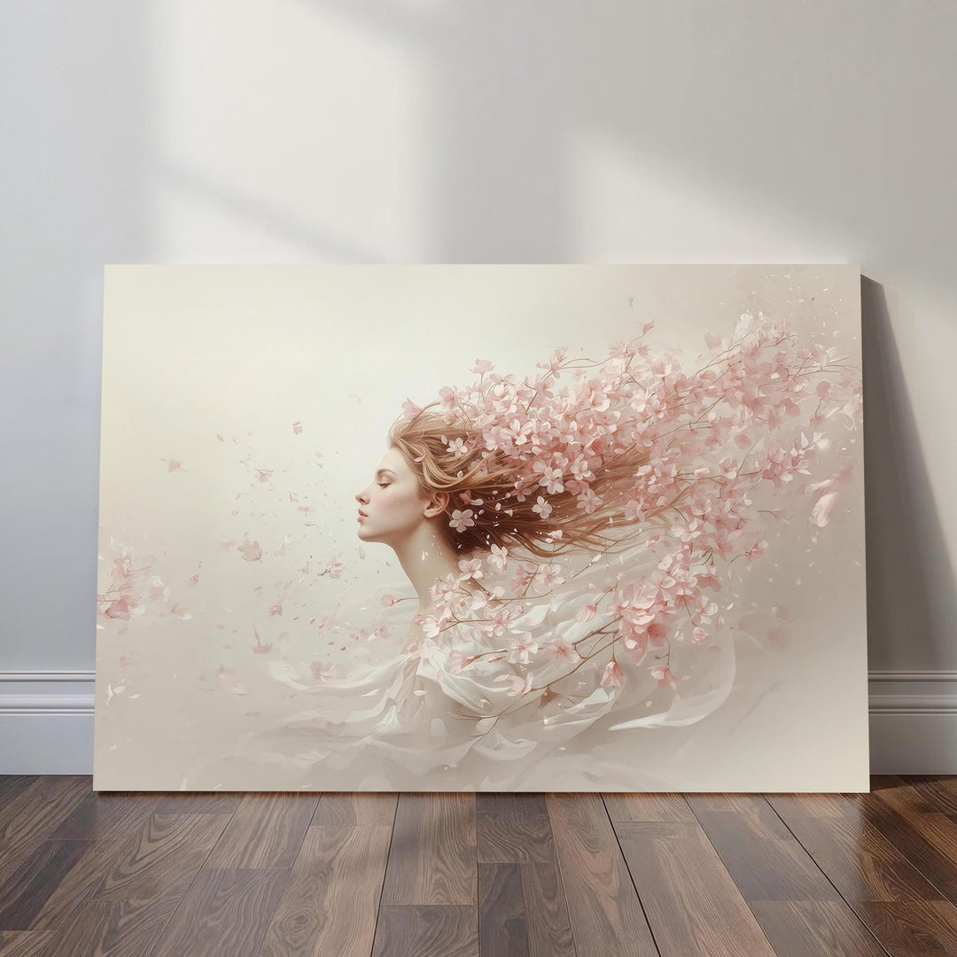 A peaceful, ethereal woman in profile with her hair dissolving into flowing cherry blossom branches and drifting petals. Soft pastel colors and gentle lighting create a dreamy, floating atmosphere perfect for fantasy or floral-themed décor.