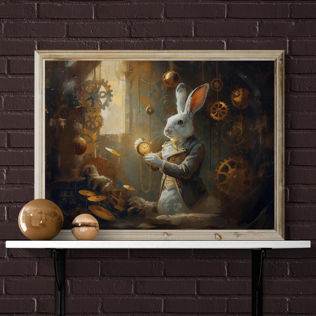 A Victorian-style white rabbit holds a glowing pocket watch among floating gears in a steampunk Alice in Wonderland scene.