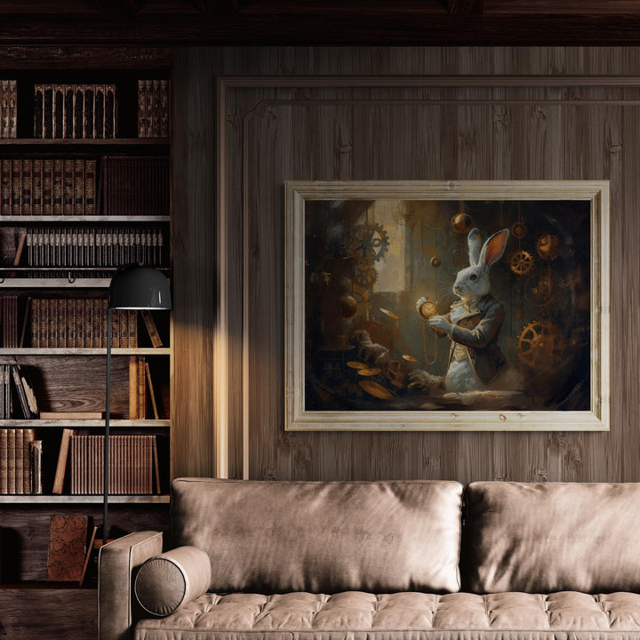 A detailed white rabbit in Victorian steampunk clothing holds a glowing pocket watch as golden gears and clock parts float around him. Warm light shines through a window, creating an atmospheric Alice in Wonderland–inspired fantasy setting.