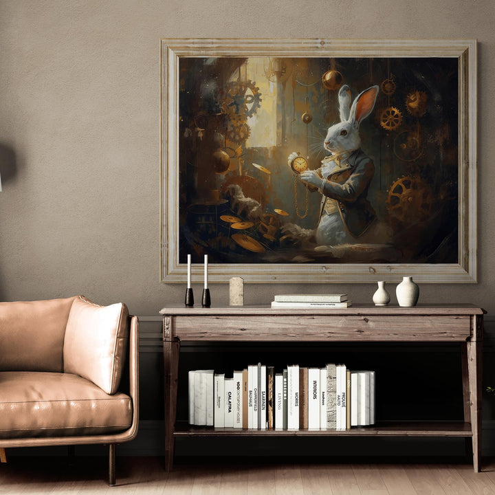 A Victorian-style white rabbit holds a glowing pocket watch among floating gears in a steampunk Alice in Wonderland scene.