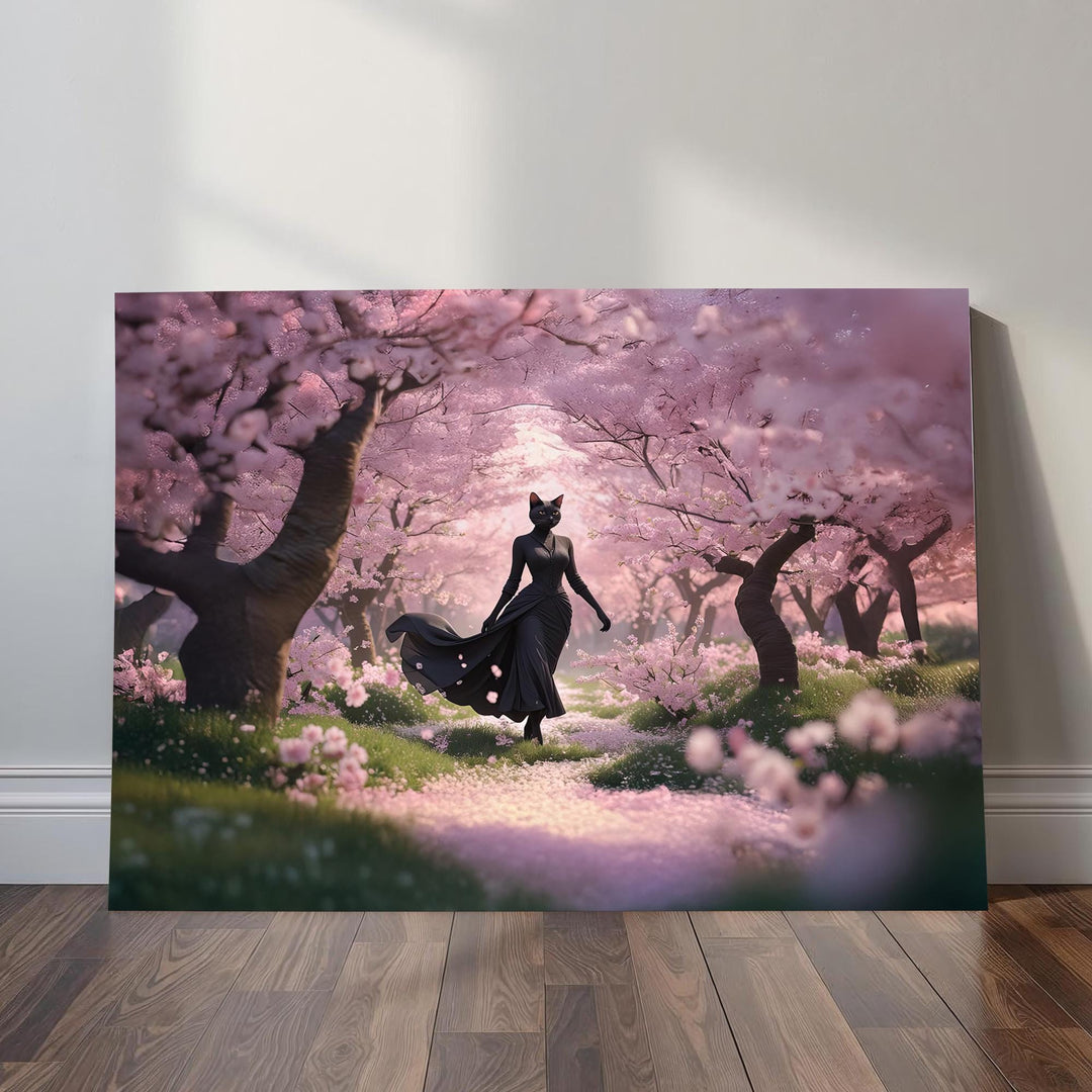 Fantasy wall art depicting a graceful cat goddess woman in a flowing black dress walking along a cherry blossom path, surrounded by glowing pink petals and dreamlike spring light.