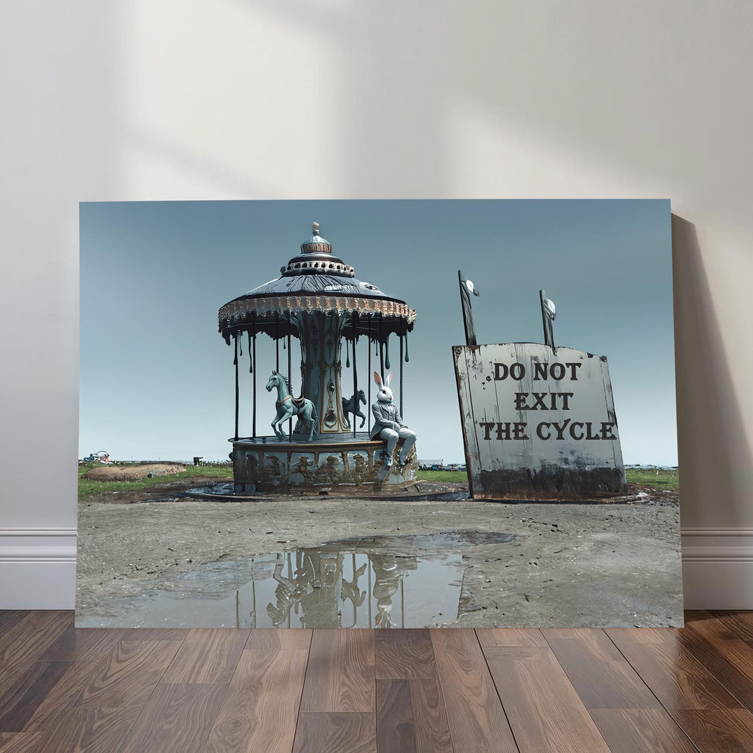 Surreal weirdcore art featuring a lone rabbit sitting on a decaying carousel beside a sign that reads “Do Not Exit the Cycle.”
