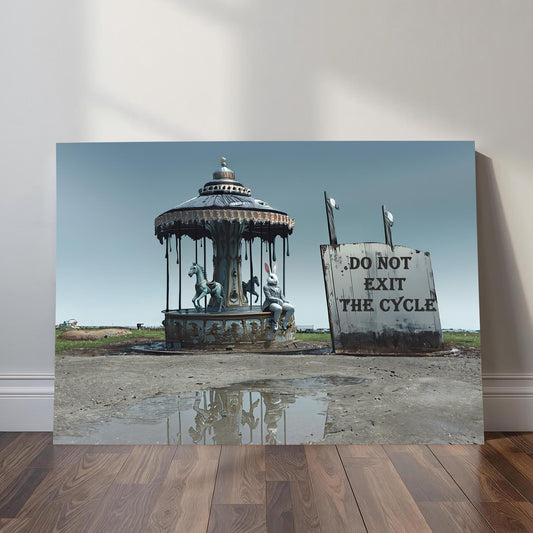 Surreal weirdcore art featuring a lone rabbit sitting on a decaying carousel beside a sign that reads “Do Not Exit the Cycle.”