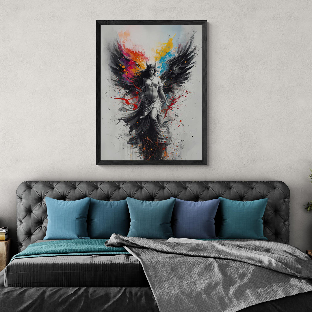 A powerful angelic woman with black wings, a flowing white gown, and a crown stands amid vibrant explosions of red, blue, orange, and yellow paint, creating a dramatic fantasy scene.