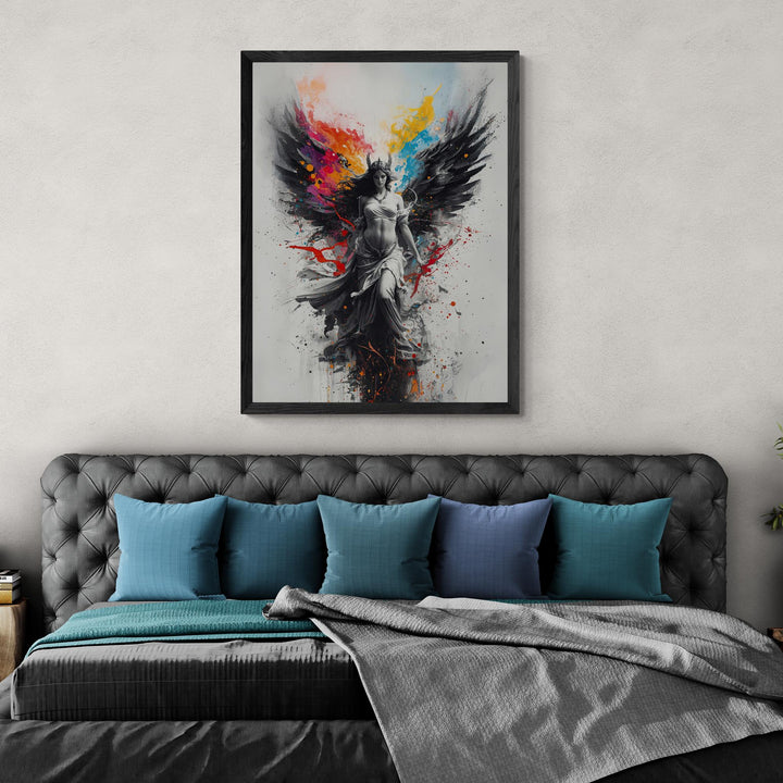 A powerful angelic woman with black wings, a flowing white gown, and a crown stands amid vibrant explosions of red, blue, orange, and yellow paint, creating a dramatic fantasy scene.