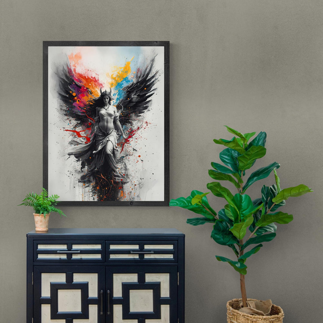 A dark-winged celestial angel in flowing white robes surrounded by vivid splashes of paint in blue, red, and gold.