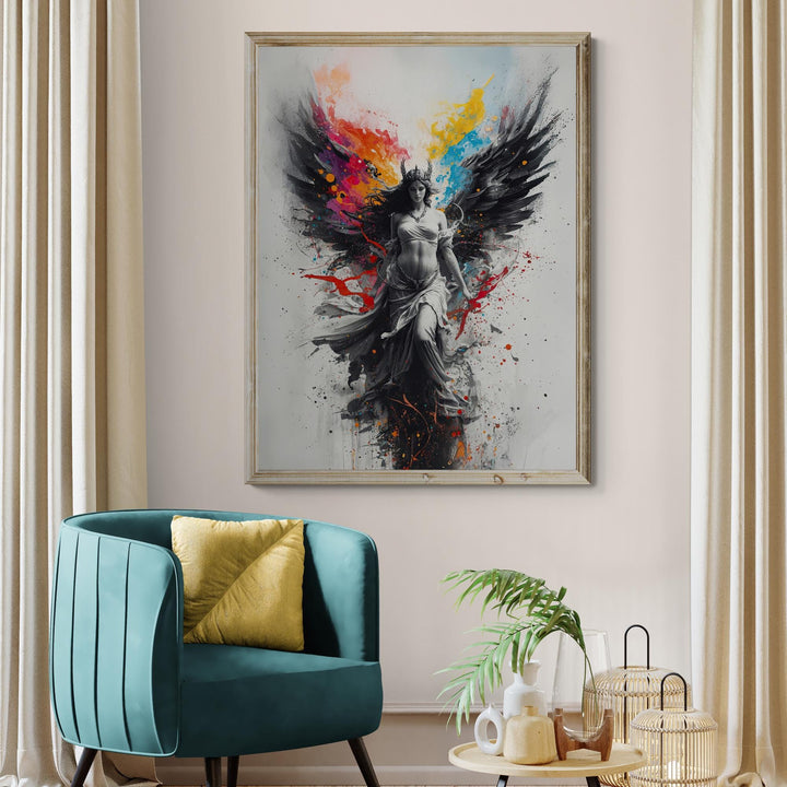 A dark-winged celestial angel in flowing white robes surrounded by vivid splashes of paint in blue, red, and gold.