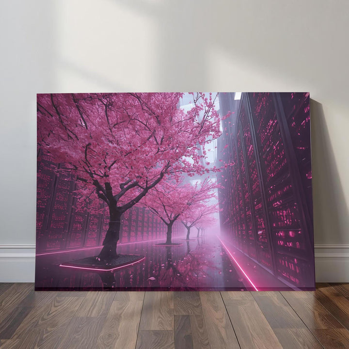 Neon pink cherry blossom trees in a cyberpunk corridor.