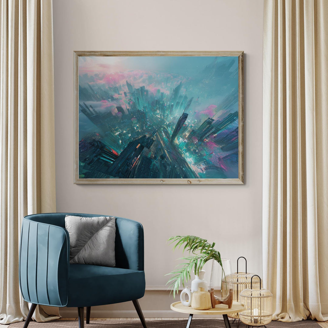 A sweeping aerial view of a futuristic neon city filled with teal-lit skyscrapers, glowing pink foliage-like lights, rising clouds, and radiant sunlight illuminating a vast sci-fi metropolis.