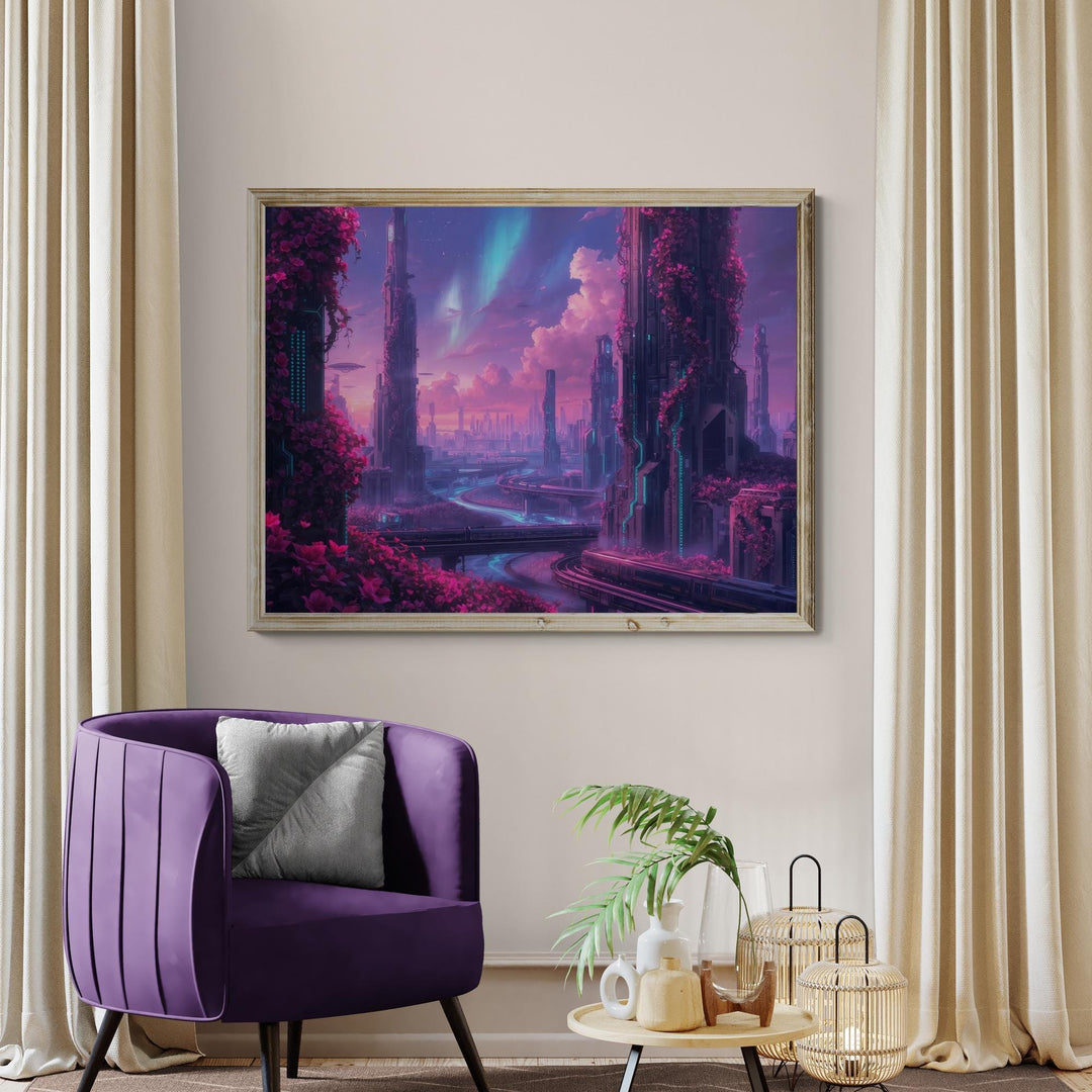 A sci-fi city filled with pink skies, glowing towers, and lush futuristic vines.