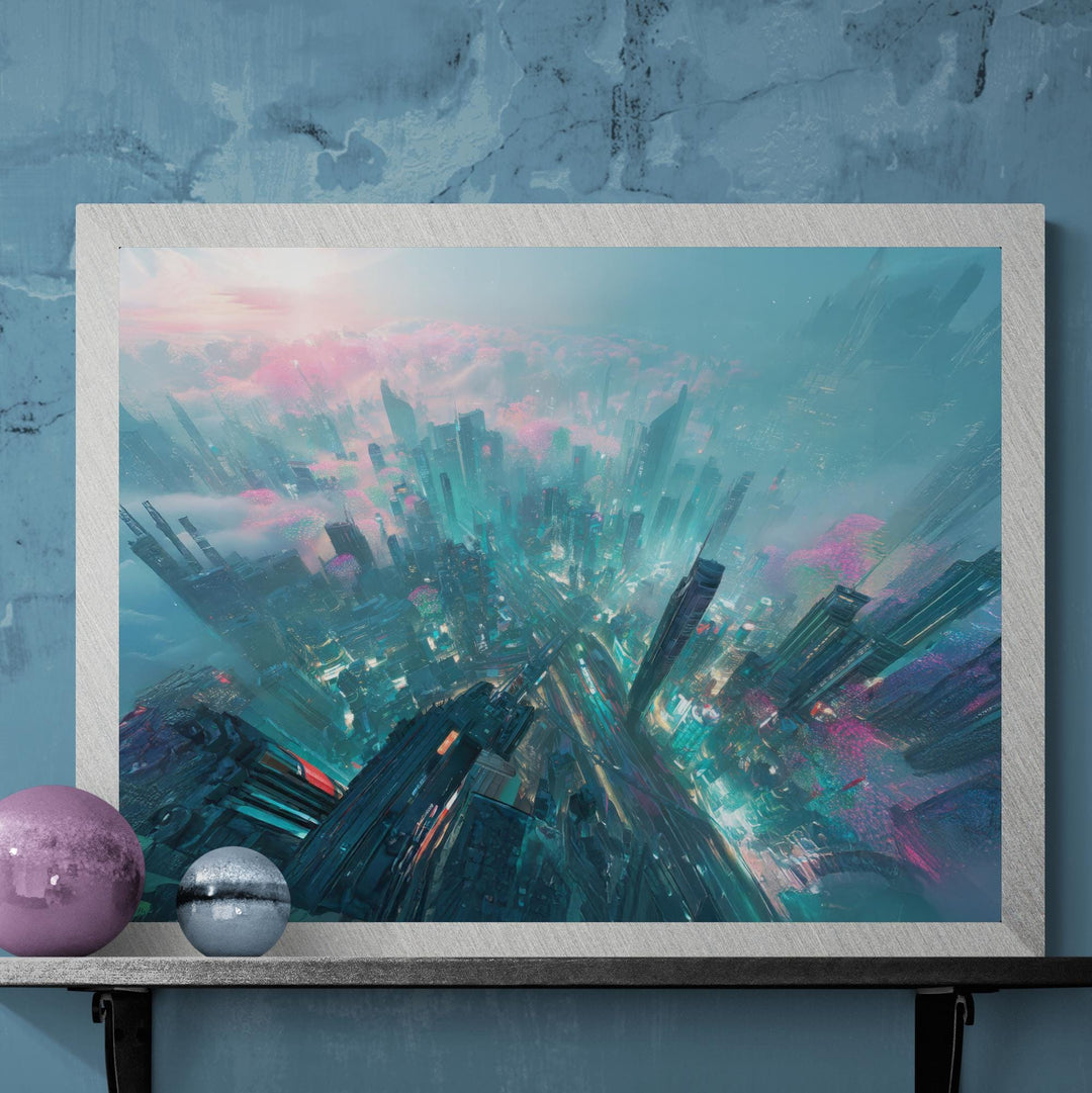 A glowing sci-fi city from above with teal towers, pink blossoms, and atmospheric clouds.