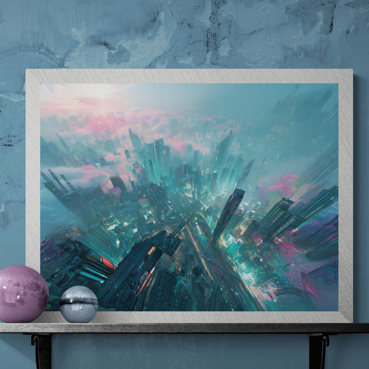 A glowing sci-fi city from above with teal towers, pink blossoms, and atmospheric clouds.