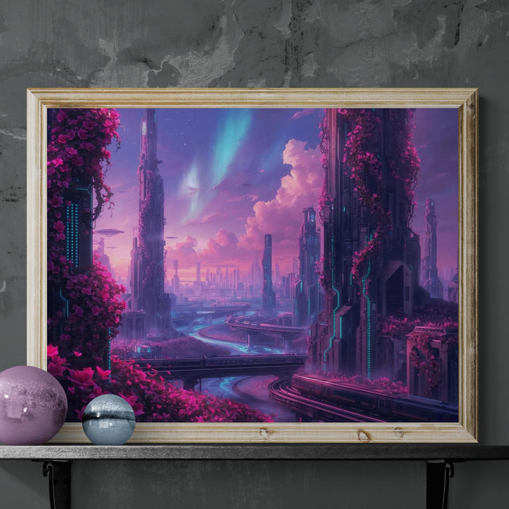 A vibrant futuristic city with neon pink and purple lighting, towering structures covered in blooming vines, winding elevated roads, and a dreamlike sunset sky creating a solarpunk-inspired atmosphere.