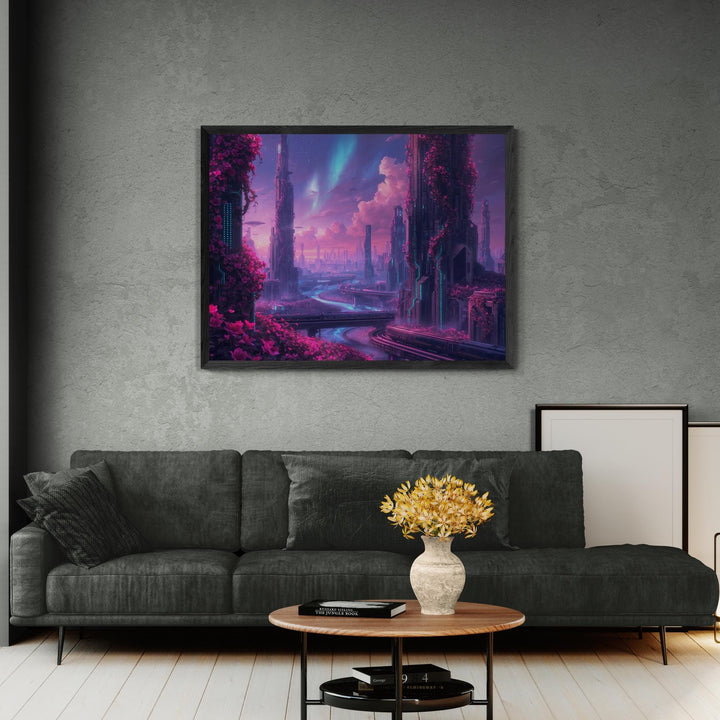 Neon futuristic cityscape with pink and purple lighting.