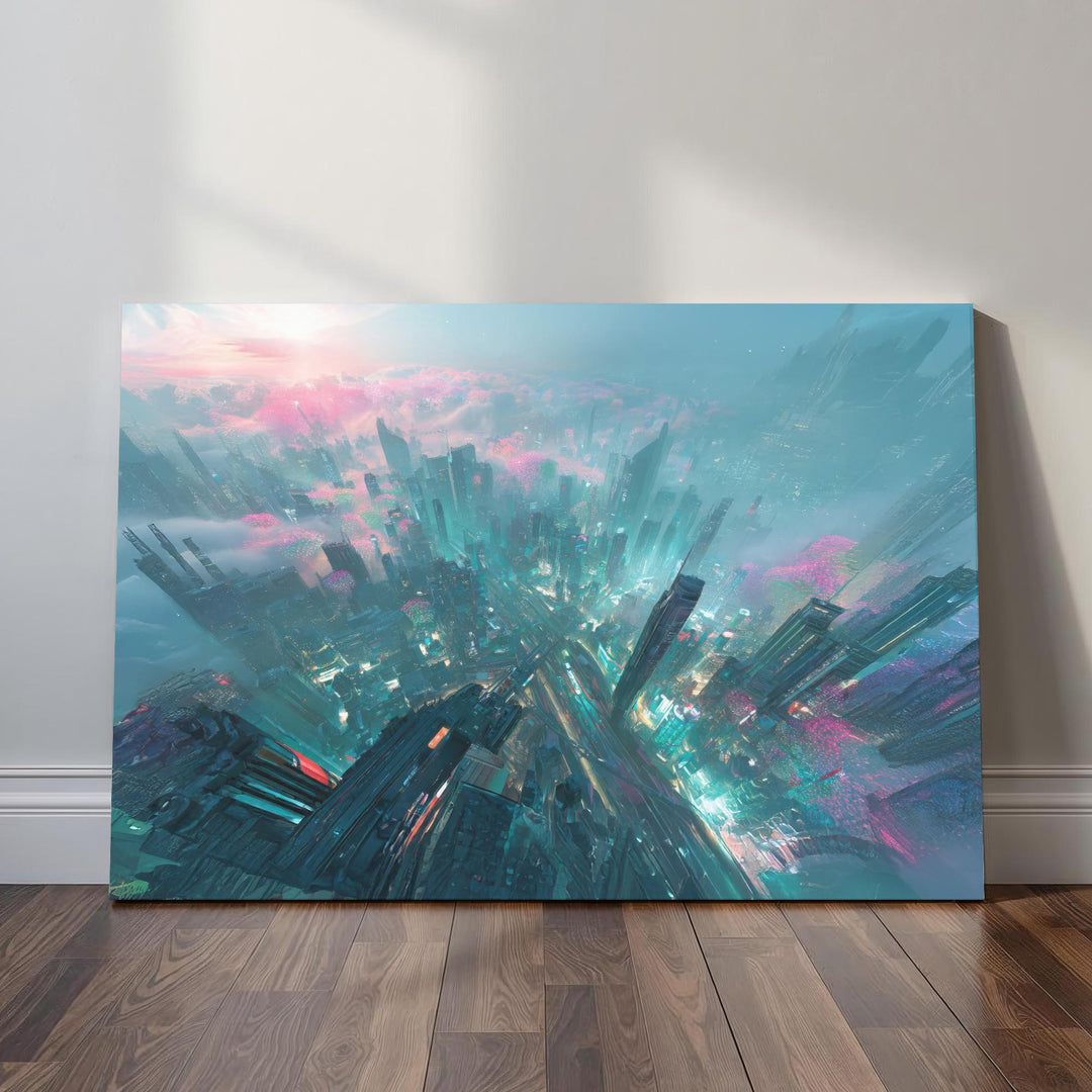 A sweeping aerial view of a futuristic neon city filled with teal-lit skyscrapers, glowing pink foliage-like lights, rising clouds, and radiant sunlight illuminating a vast sci-fi metropolis.