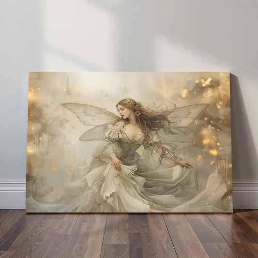 An ethereal woodland fairy with long wavy hair, translucent wings, and a sweeping gown surrounded by soft golden lights in a dreamy fantasy atmosphere.