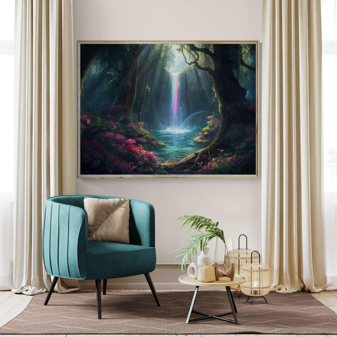 Fantasy forest wall art showing a glowing rainbow waterfall cascading into a serene woodland pool surrounded by lush greenery and pink flowers in an enchanted dreamscape