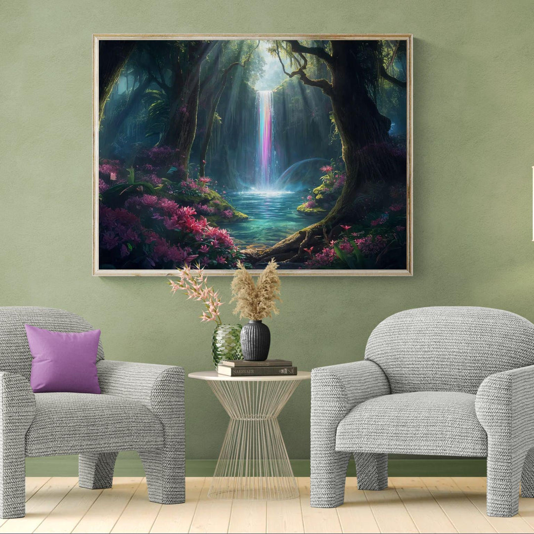 Fantasy forest wall art featuring a rainbow waterfall and enchanted woodland pool