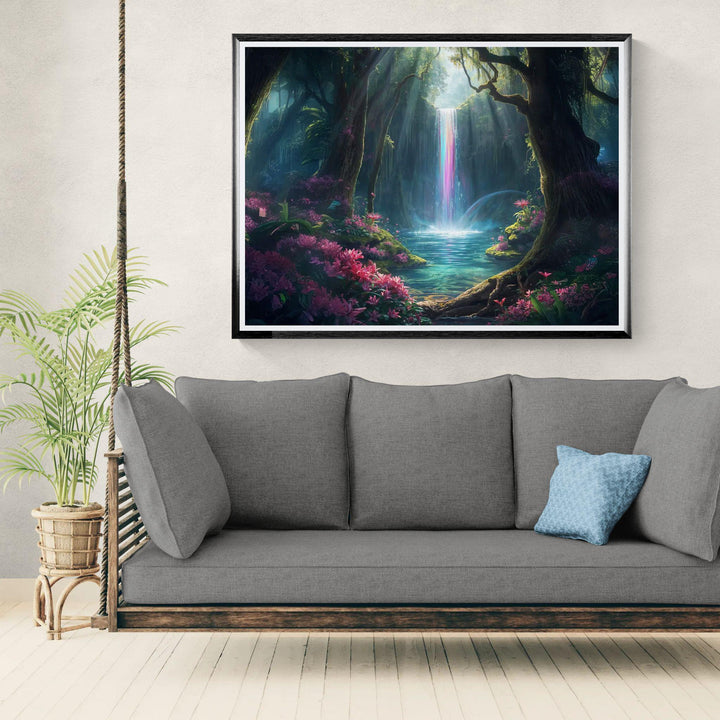 Fantasy forest wall art featuring a rainbow waterfall and enchanted woodland pool