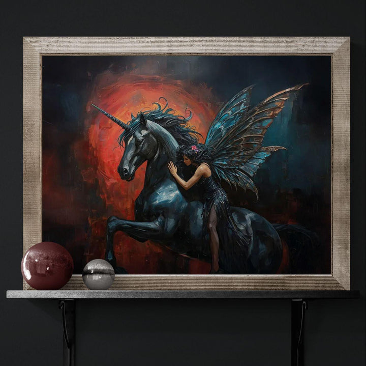 Dark fantasy wall art depicting a mystical unicorn and winged fairy in an emotional gothic dreamscape with deep shadows and glowing red tones